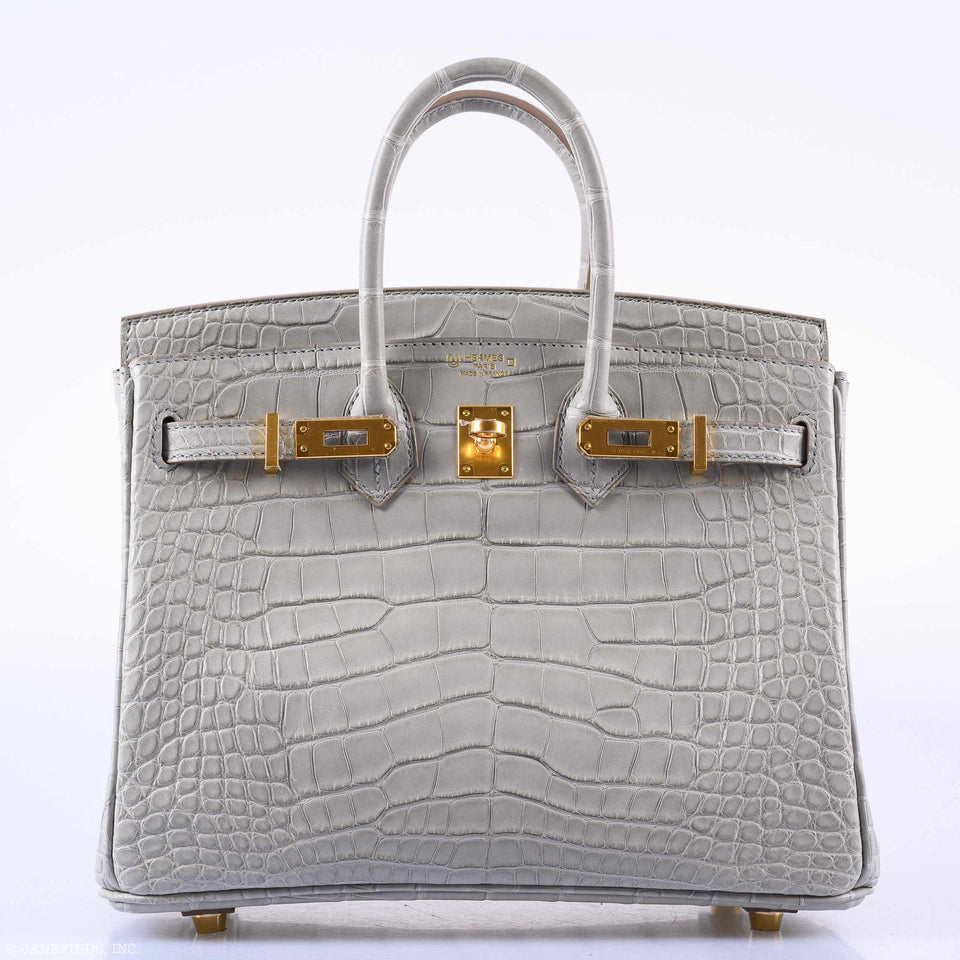 Hermes Birkin 25 Matte Gris Perle Alligator Gold Hardware
