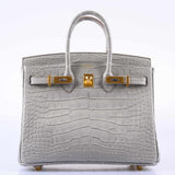 Hermes Birkin 25 Matte Gris Perle Alligator Gold Hardware