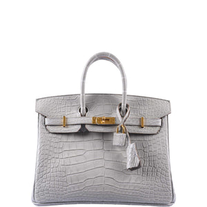 Hermes Birkin 25 Matte Gris Perle Alligator Gold Hardware
