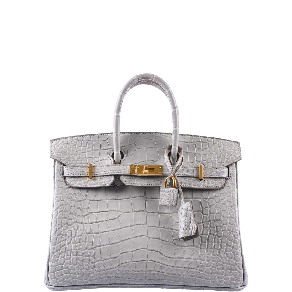 Hermes Birkin 25 Matte Gris Perle Alligator Gold Hardware