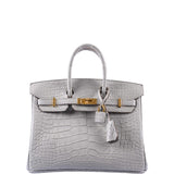Hermes Birkin 25 Matte Gris Perle Alligator Gold Hardware