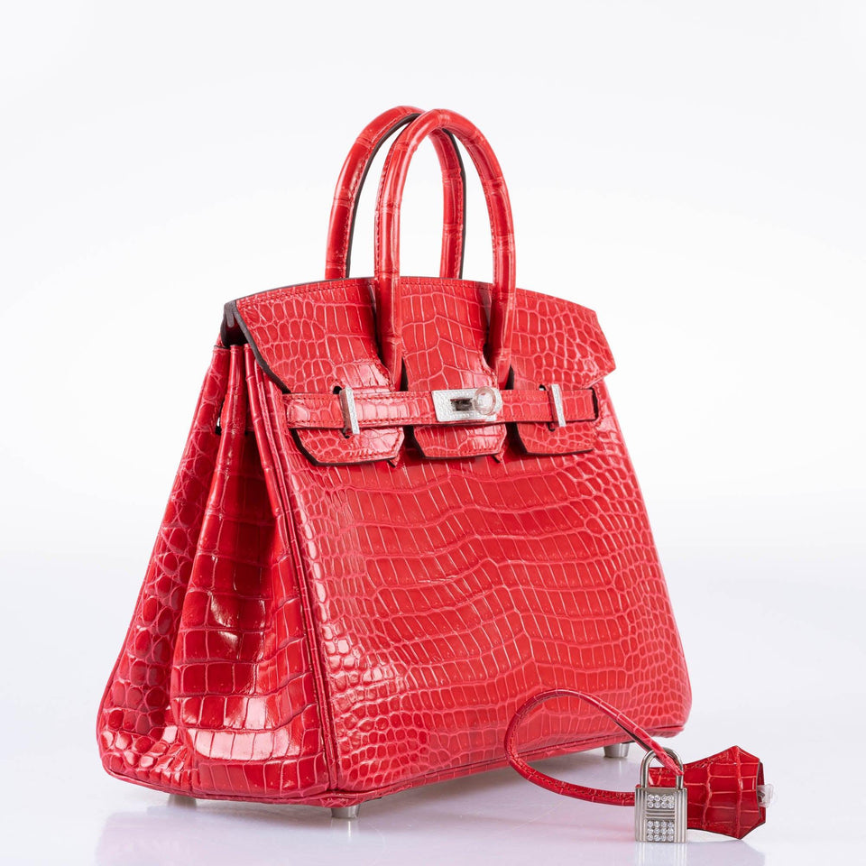 Hermes Birkin 25 Rouge de Coeur Shiny Porosus Crocodile 18K White Gold Hardware & Diamonds