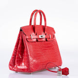 Hermes Birkin 25 Rouge de Coeur Shiny Porosus Crocodile 18K White Gold Hardware & Diamonds