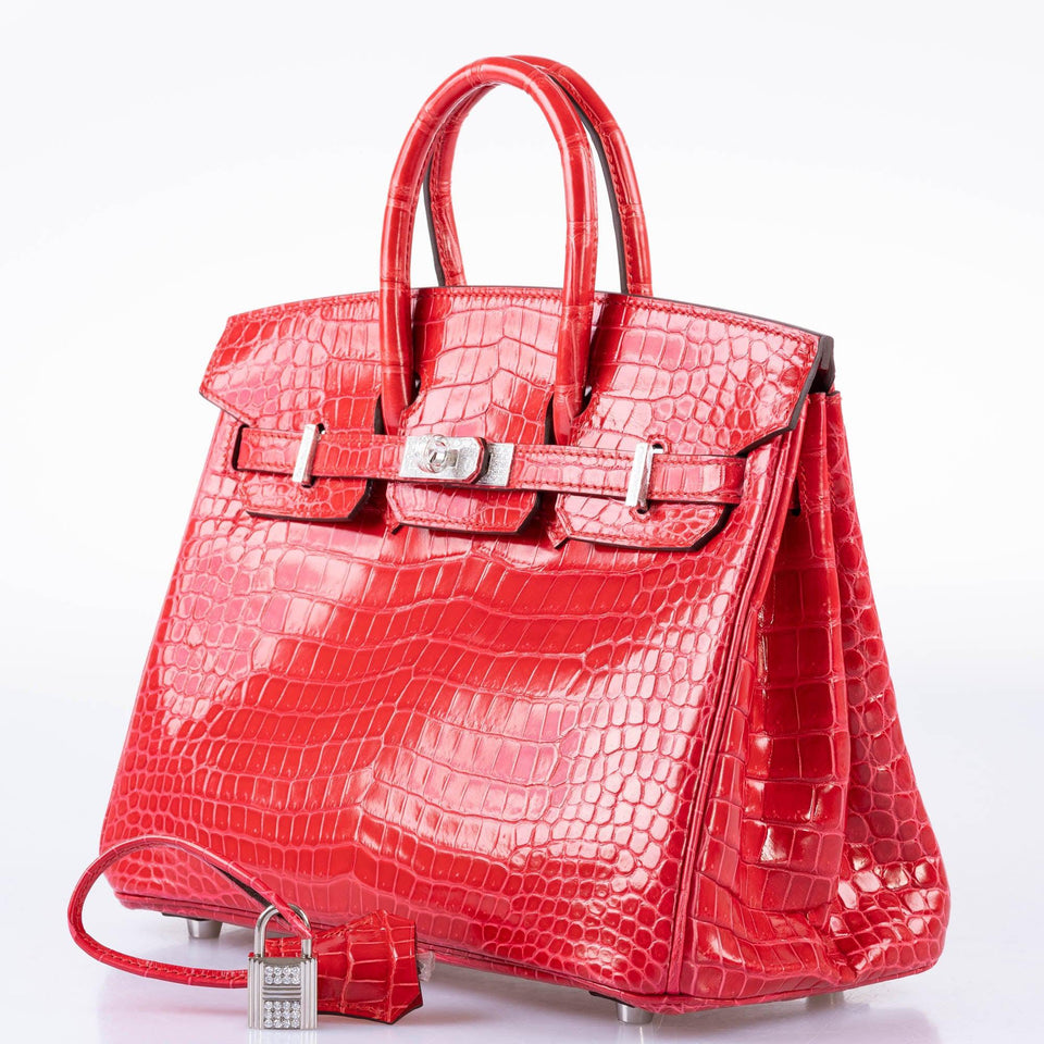 Hermes Birkin 25 Rouge de Coeur Shiny Porosus Crocodile 18K White Gold Hardware & Diamonds