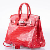 Hermes Birkin 25 Rouge de Coeur Shiny Porosus Crocodile 18K White Gold Hardware & Diamonds