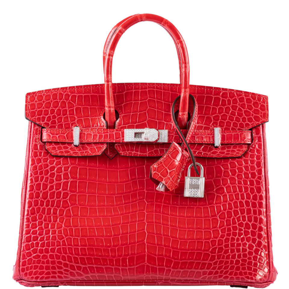 Hermes Birkin 25 Rouge de Coeur Shiny Porosus Crocodile 18K White Gold Hardware & Diamonds