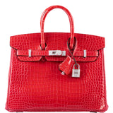 Hermes Birkin 25 Rouge de Coeur Shiny Porosus Crocodile 18K White Gold Hardware & Diamonds
