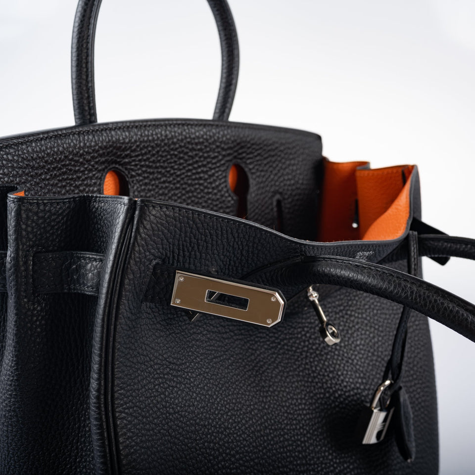 HermesBirkin 30 Bi-Color Black Togo and Orange H Palladium Hardware