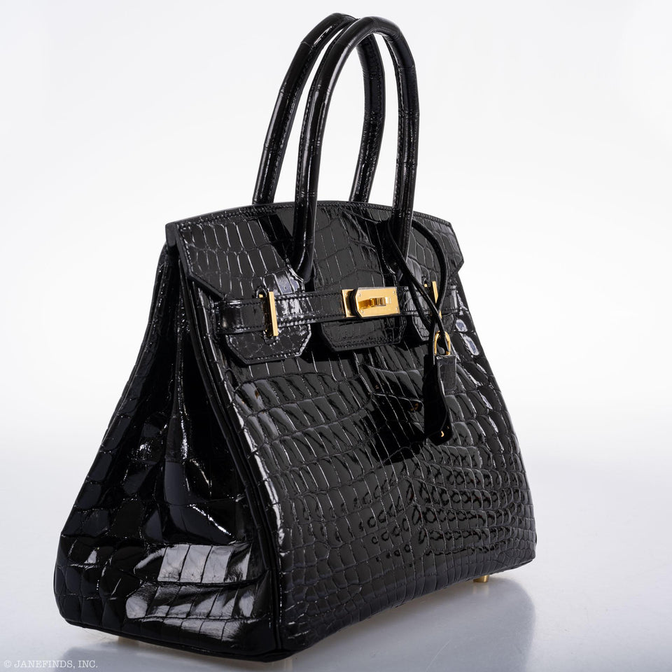 HermesBirkin 30 Black Shiny Niloticus Crocodile Gold Hardware - 2021, Z