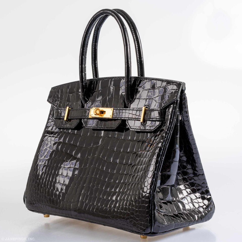 HermesBirkin 30 Black Shiny Porosus Crocodile Gold Hardware