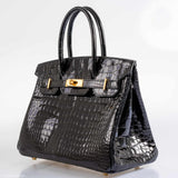 HermesBirkin 30 Black Shiny Porosus Crocodile Gold Hardware