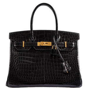HermesBirkin 30 Black Shiny Porosus Crocodile Gold Hardware