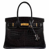HermesBirkin 30 Black Shiny Porosus Crocodile Gold Hardware