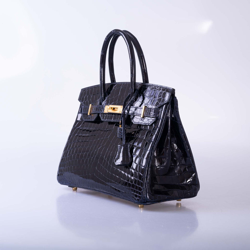 HermesBirkin 30 Bleu Marine Shiny Niloticus Crocodile Gold Hardware