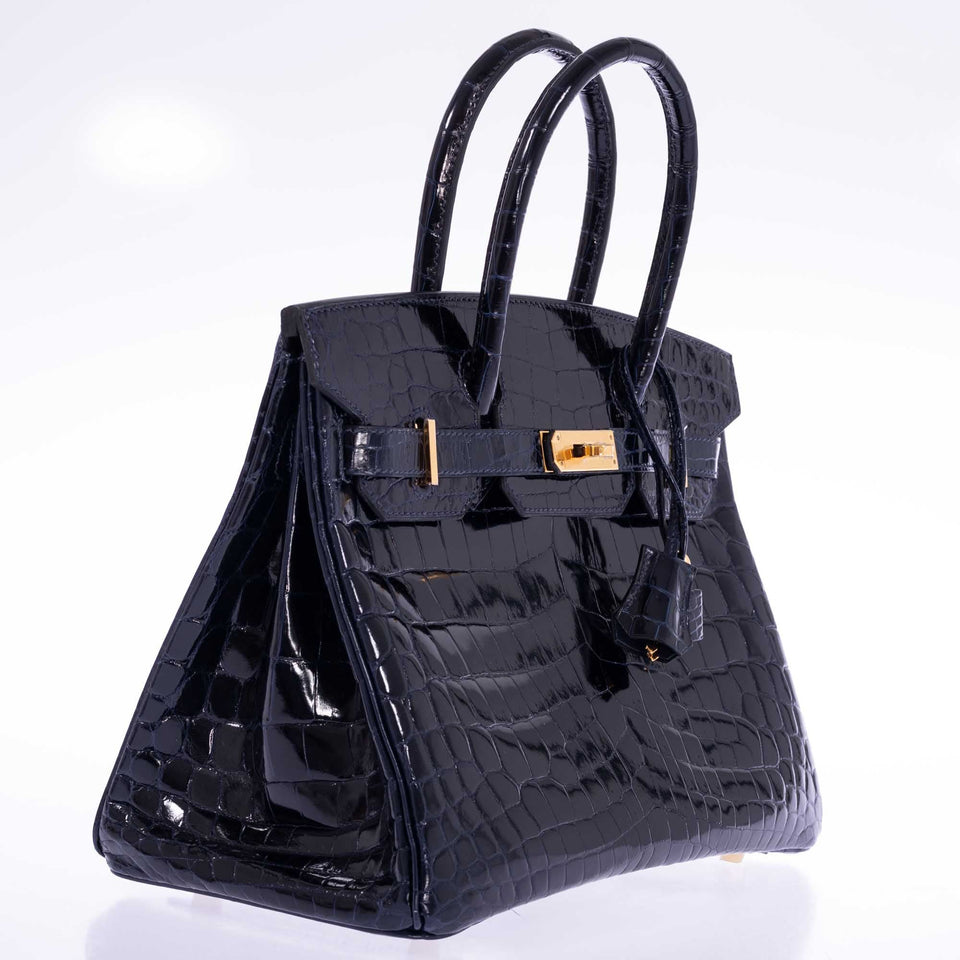 Hermes Birkin 30 Bleu Marine Shiny Niloticus Crocodile Gold Hardware