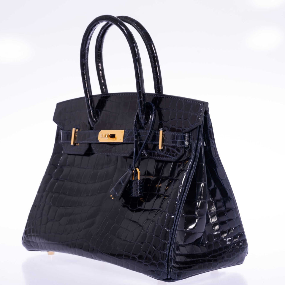 Hermes Birkin 30 Bleu Marine Shiny Niloticus Crocodile Gold Hardware