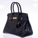 Hermes Birkin 30 Bleu Marine Shiny Niloticus Crocodile Gold Hardware