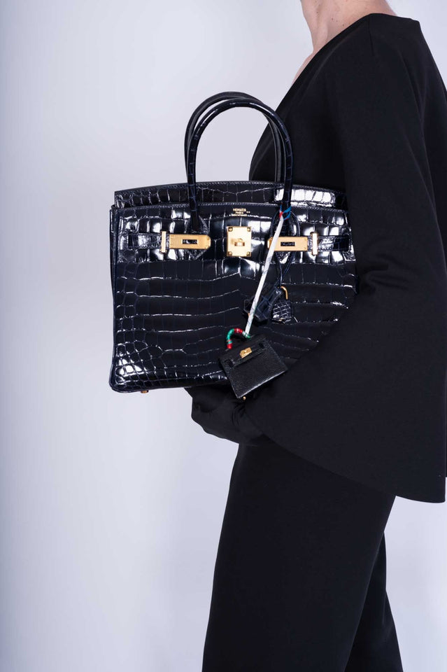 Hermes Birkin 30 Bleu Marine Shiny Niloticus Crocodile Gold Hardware