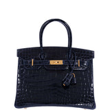 Hermes Birkin 30 Bleu Marine Shiny Niloticus Crocodile Gold Hardware