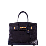 HermesBirkin 30 Bleu Marine Shiny Niloticus Crocodile Gold Hardware