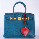 HermesBirkin 30 Blue Colvert Ostrich Gold Hardware