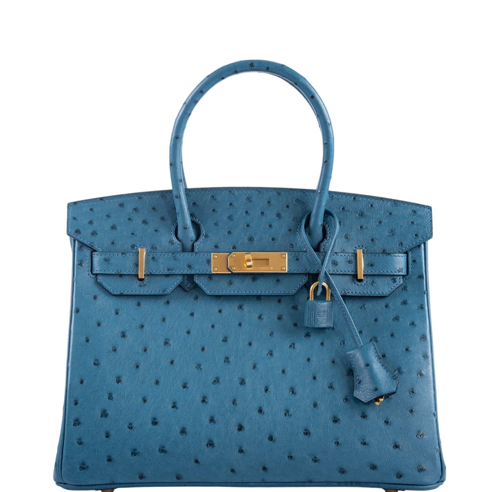 HermesBirkin 30 Blue Colvert Ostrich Gold Hardware