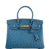 HermesBirkin 30 Blue Colvert Ostrich Gold Hardware