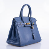 HermesBirkin 30 Blue De Galice Clemence with Gold Hardware
