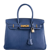 HermesBirkin 30 Blue De Galice Clemence with Gold Hardware
