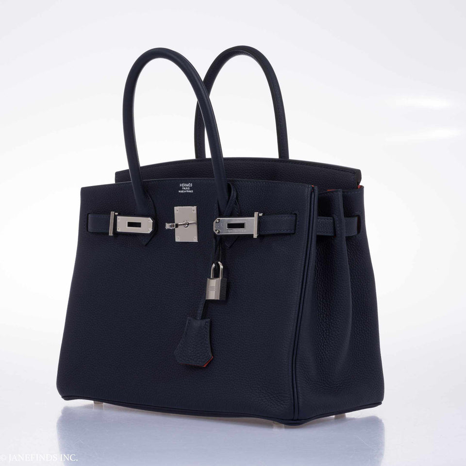 HermesBirkin 30 Blue Nuit Verso Orange Poppy Togo Palladium Hardware