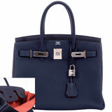 HermesBirkin 30 Blue Nuit Verso Orange Poppy Togo Palladium Hardware