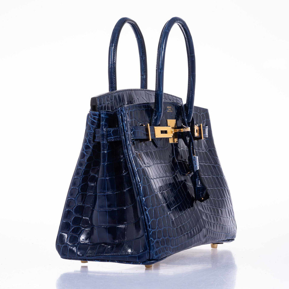 HermesBirkin 30 Blue Saphir Semi-Matte Niloticus Crocodile Gold Hardware