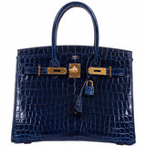 HermesBirkin 30 Blue Saphir Semi-Matte Niloticus Crocodile Gold Hardware