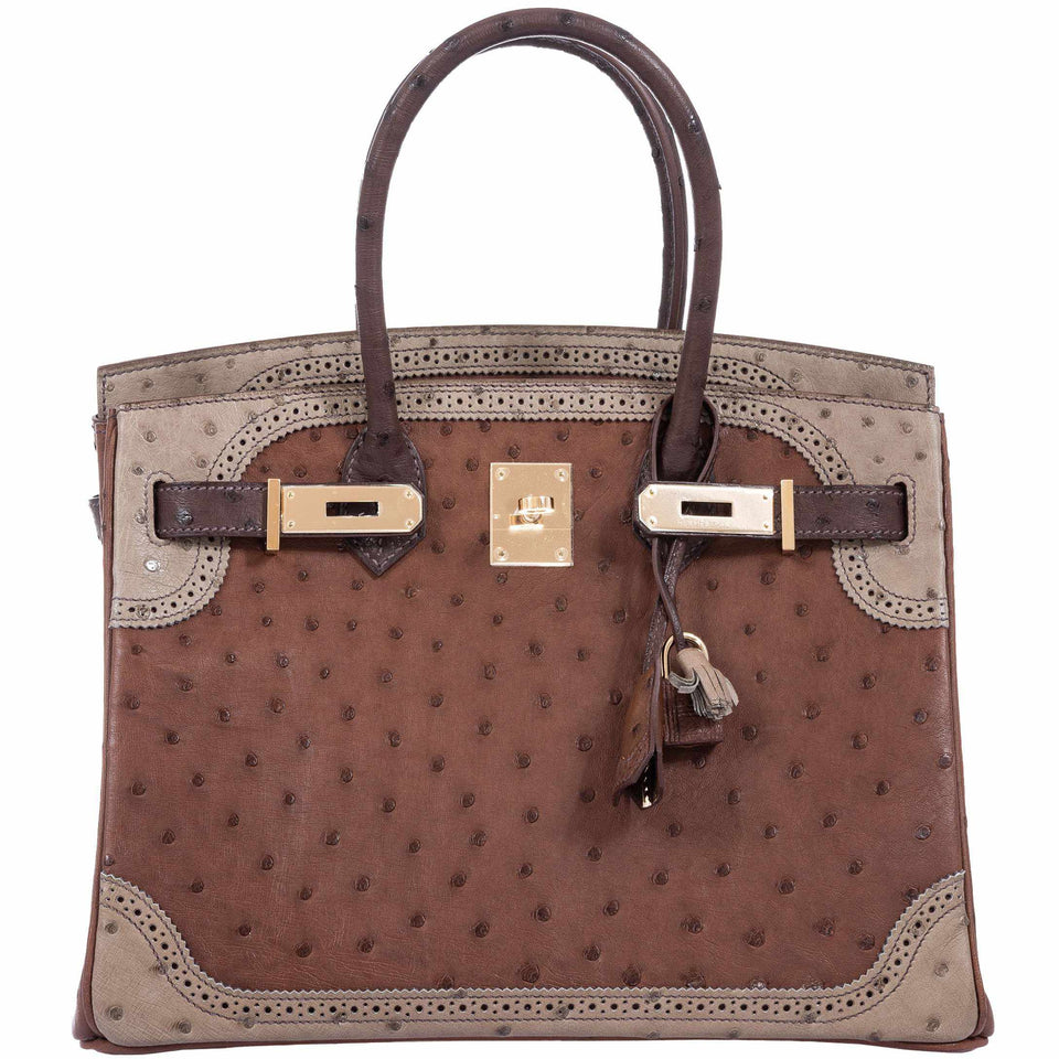 HermesBirkin 30 Ghillies Marron Fonce, Etrusque, Mousse Ostrich Champagne Gold Hardware