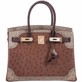 HermesBirkin 30 Ghillies Marron Fonce, Etrusque, Mousse Ostrich Champagne Gold Hardware