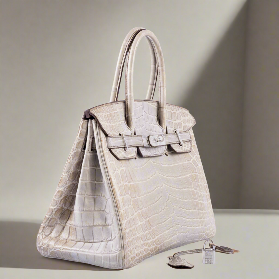 HermesBirkin 30 Gris Cendre Himalaya Niloticus Crocodile 18K White Gold & Diamond Hardware