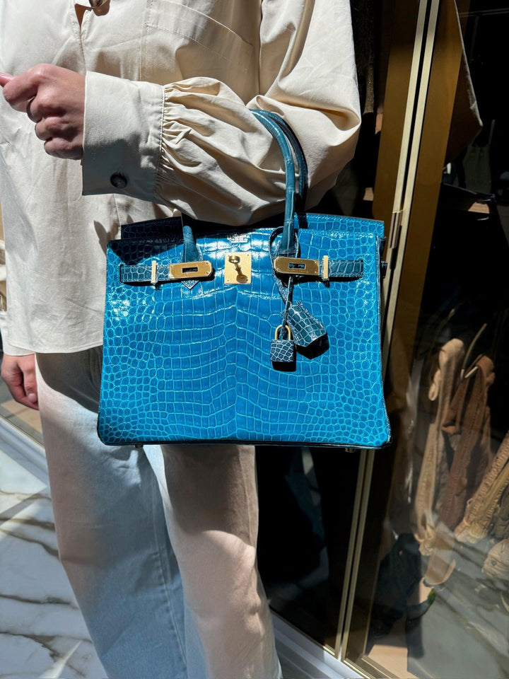 HermesBirkin 30 HSS Blue Izmir and Blue Colvert Porosus Crocodile Brushed Gold Hardware