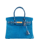 HermesBirkin 30 HSS Blue Izmir and Blue Colvert Porosus Crocodile Brushed Gold Hardware