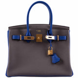 HermesBirkin 30 HSS Etain And Blue Electric Togo Gold Hardware