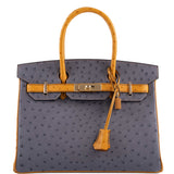 HermesBirkin 30 HSS Gris Agate & Saffron Ostrich Gold Hardware - 2020, Y