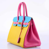 HermesBirkin 30 HSS Rose Lipstick, Blue Aztec & Cumin Chevre Leather Brushed Gold Hardware - 2014, R Squared