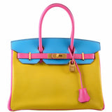 HermesBirkin 30 HSS Rose Lipstick, Blue Aztec & Cumin Chevre Leather Brushed Gold Hardware - 2014, R Squared