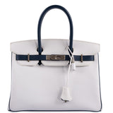 HermesBirkin 30 HSS White & Blue Marine Epsom leather Palladium Hardware - 2011, O Square