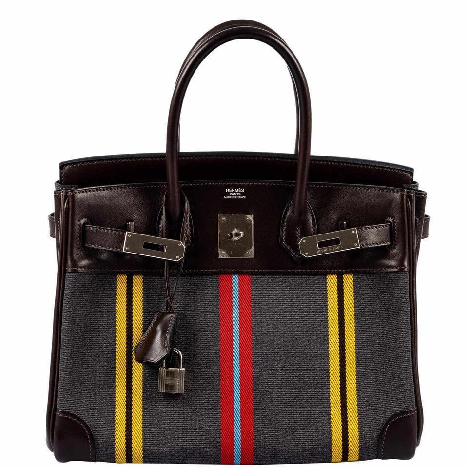 HermesBirkin 30 Marron Fonce Calf & Colorful Wool Jumping Canvas Palladium Hardware