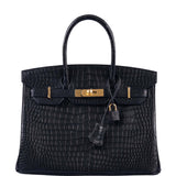 HermesBirkin 30 Matte Black Porosus Crocodile Gold Hardware