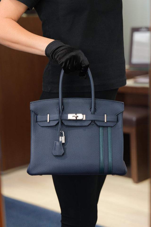 Hermes Birkin 30 Officier Bleu Nuit and Vert Cypress Togo Palladium Hardware