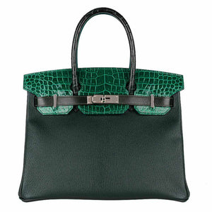 HermesBirkin 30 "Patchwork" Vert Fonce Vert Titen Emerald Chevre Clemence Box Calf Porosus Crocodile Palladium Hardware