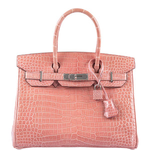 HermesBirkin 30 Rose Indiennes Shiny Porosus Crocodile Palladium Hardware