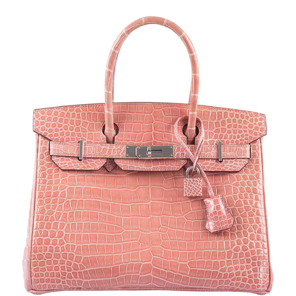 HermesBirkin 30 Rose Indiennes Shiny Porosus Crocodile Palladium Hardware