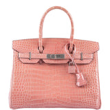HermesBirkin 30 Rose Indiennes Shiny Porosus Crocodile Palladium Hardware